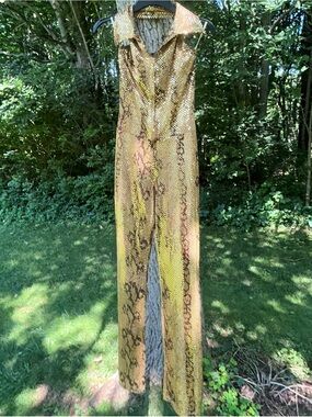 Vintage Y2K Studio F Gold Sequin Snake Print Collared Jumpsuit